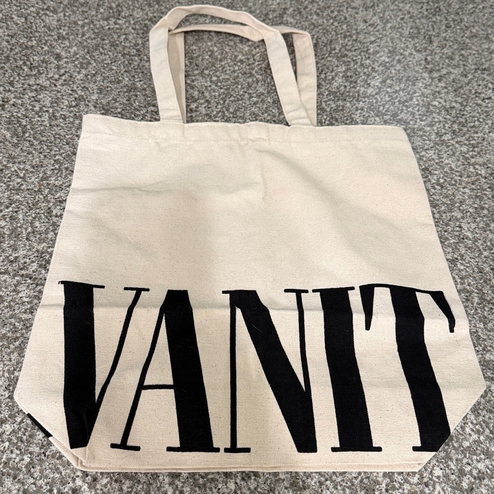 New Vanity Fair Cream Canvas Tote Bag with Black Lettering